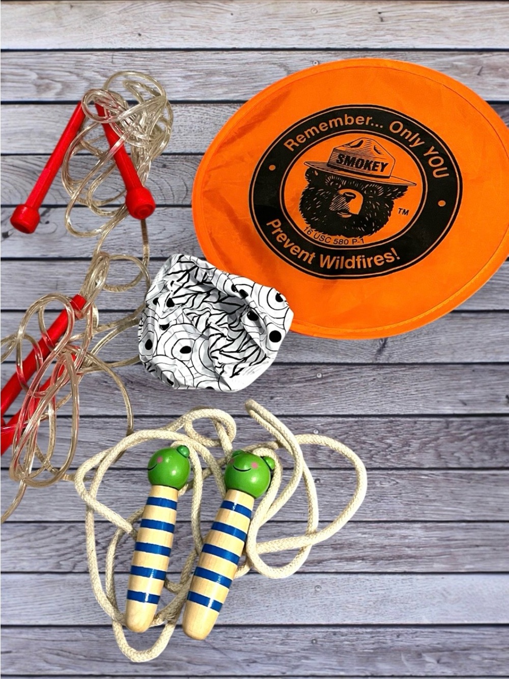 Outside bundle: Smokey the Bear Flying Disc, 3 jump ropes, ball